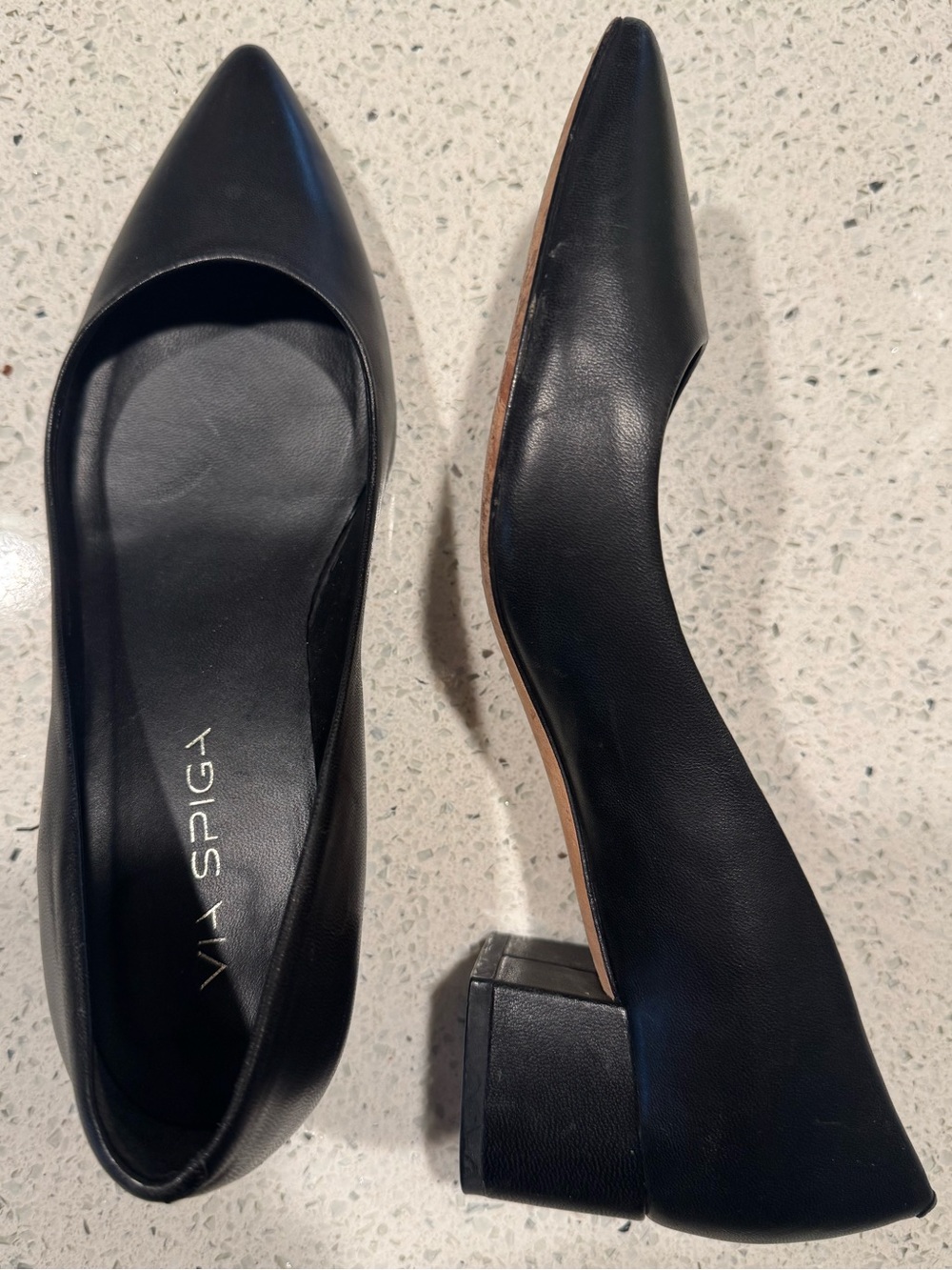 Via Spiga Black Leather Pointed Toe Block Heel Pumps Sz 6